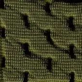 Knitted fabric in olive-green with irregular holes, frayed edges revealing darker fibers, vertical ribbing, and a rough texture; label reads "super 238".